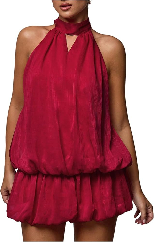 Verdusa Women's Cut Out Tie Backless Halter Dresses Ruffle Mini Bubble Dress | Amazon (US)