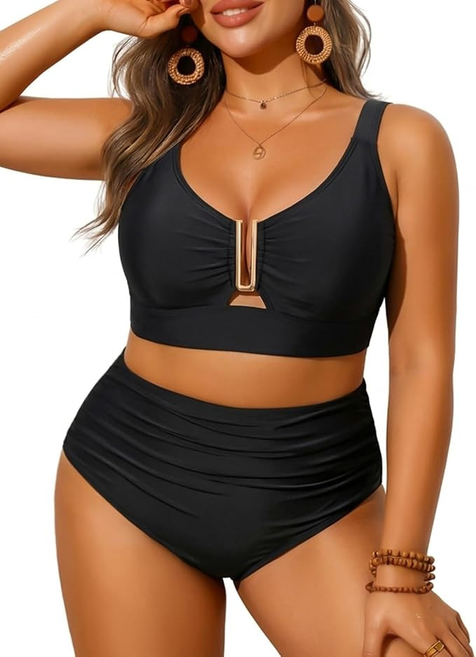Yonique Women Plus Size High Waisted Bikini - Two Piece Swimsuit U-Wire Cutout Tummy Control Bath... | Amazon (US)
