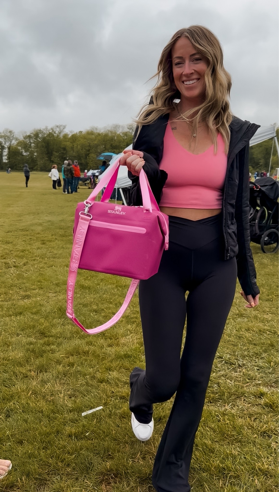 Soccer mom tournament game day
Sidelines essentials 
Stanley cooler in sale and black aerie flare leggings for spring tournaments