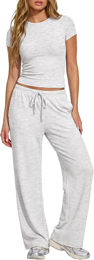 Darong Women's 2 Piece Set Outfits Ribbed Lounge Sets Ruched Short Sleeve Tops Drawstring Waist W... | Amazon (US)