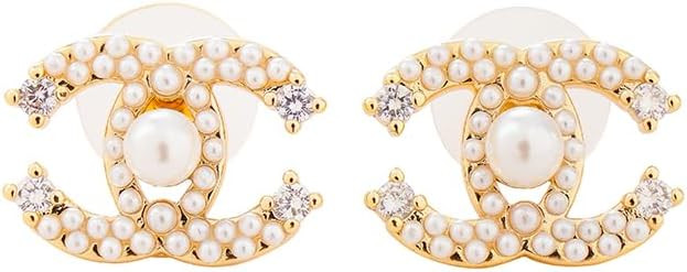 Elegant pearl silver needle stud earrings, letter design, women's fashion jewelry, classic style ... | Amazon (US)