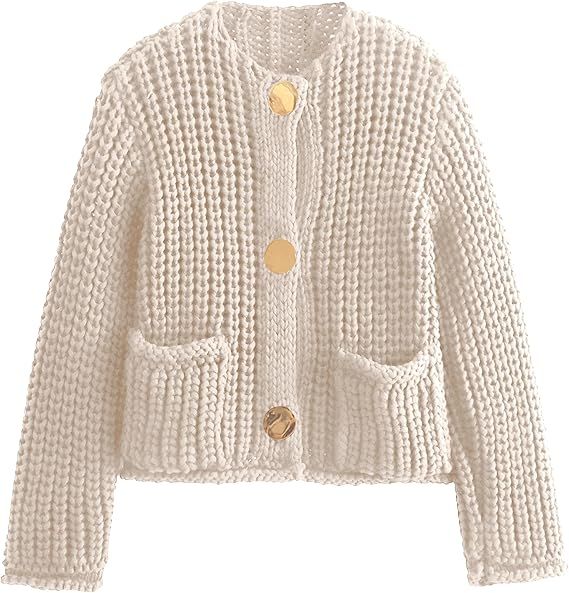 Womens Fall Chunky Knit Cardigan Gold Button Down Long Sleeve Crop Crochet Sweater | Amazon (US)