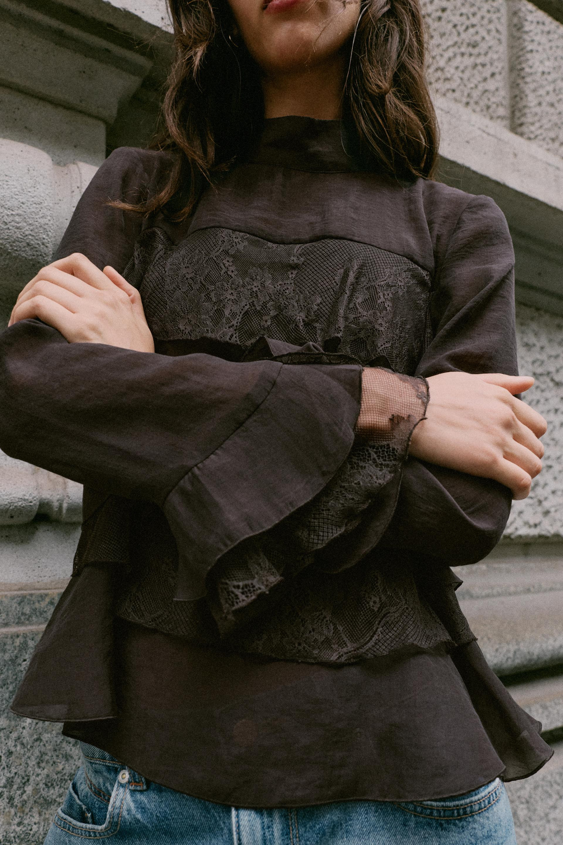 Zara - Ruffle And Lace Shirt - Brown - Xl - Woman | Zara US