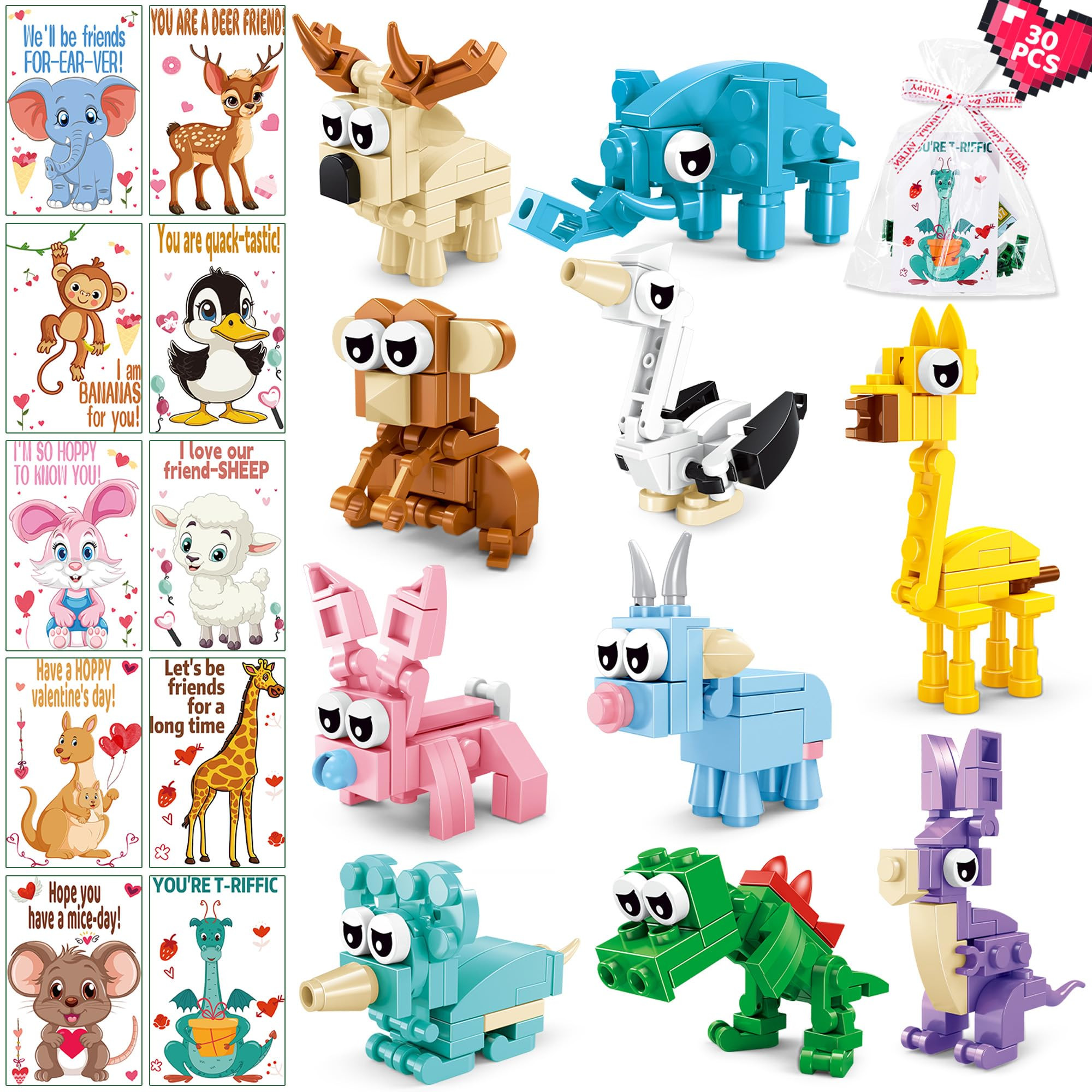 AYGXU 30 Pack Valentines-Day Gifts for Kids classroom-building blocks,valentines-day cards with Animal Blocks for Boys Girls,Class Valentines Gifts Exchange, Party Favors.Valentines goody bag filler | Amazon (US)