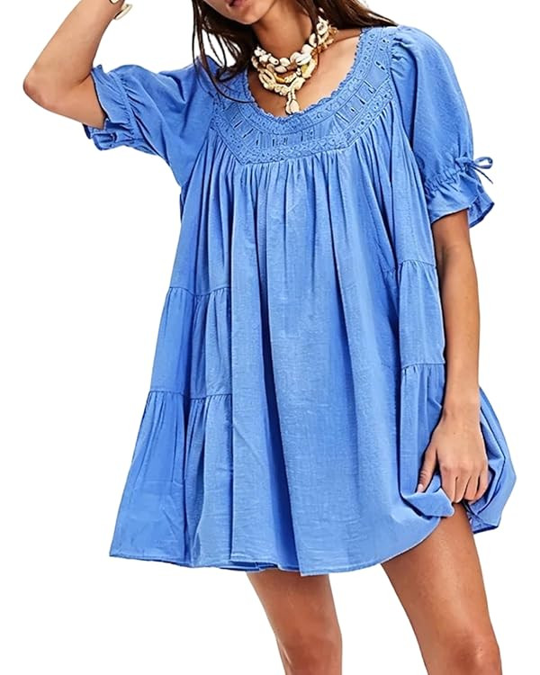 Foidiccx Womens Loose Cotton Ruffle Eyelet Babydoll Puff Sleeve Mini Dress Y2k Boho Summer Going ... | Amazon (US)