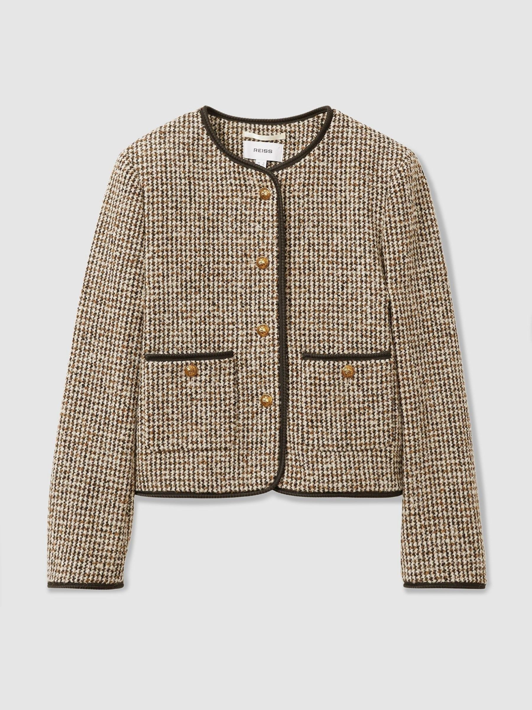 Reiss Cropped Wool Blend Tweed Jacket in Brown - REISS | Reiss UK