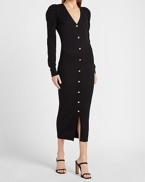 Ribbed Puff Sleeve Button Front Sweater Dress | Express
