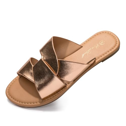 Eozlink Women's Flat Sandals Dressy Summer Band Flat Slide Sandal Slip-on Cross Strappy Crosscriss Flat Sandal Black White Gold Brown (Gold US 11) | Amazon (US)
