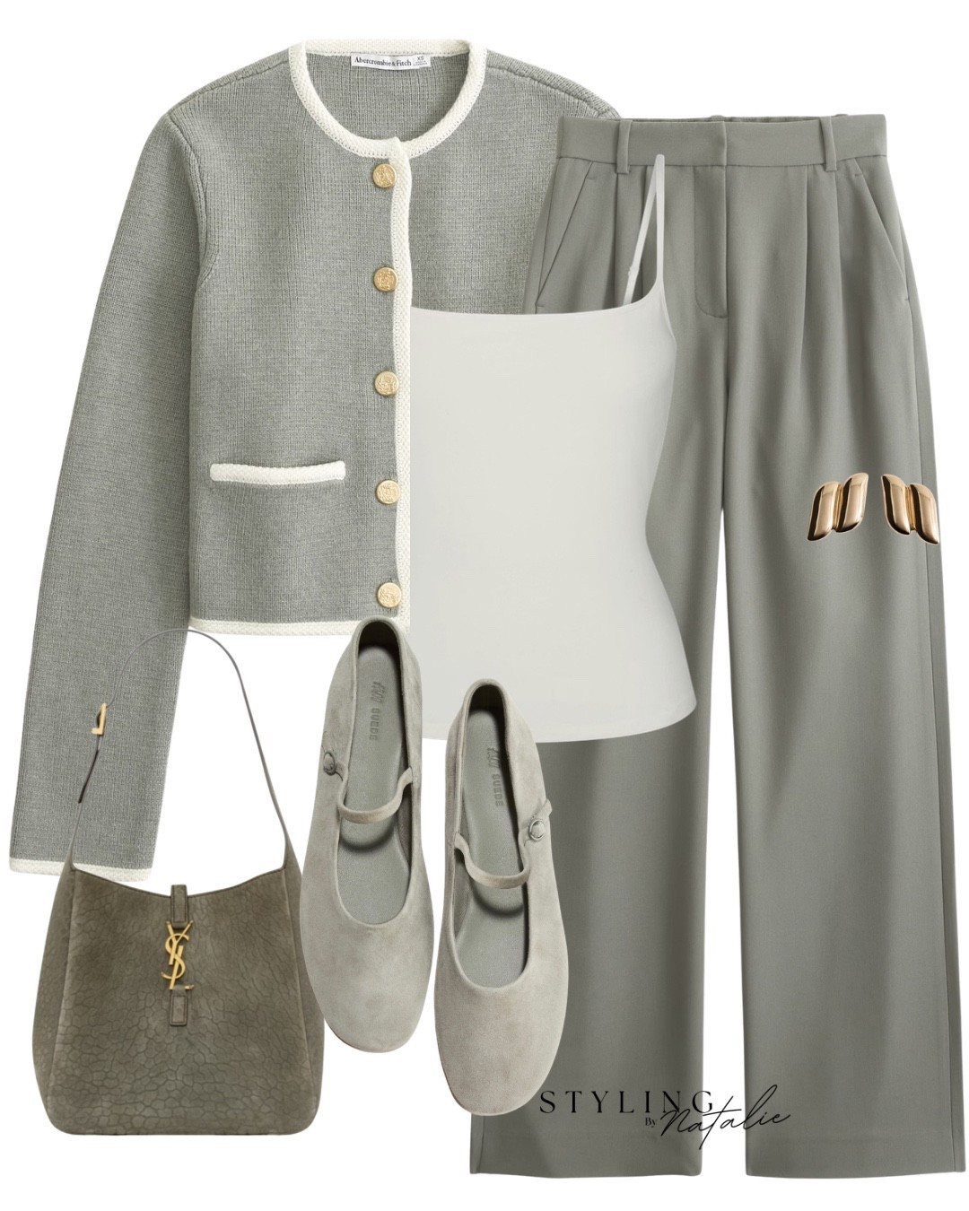 Smart casual look- sage green cardigan with gold buttons and contrasting trim, tailored trousers, suede Mary Jane ballet pumps, Saint Laurent tote bag, skims cami vest and gold studs. 
Work wear, spring outfit, casual chic 

#LTKuk #LTKspring #LTKworkwear