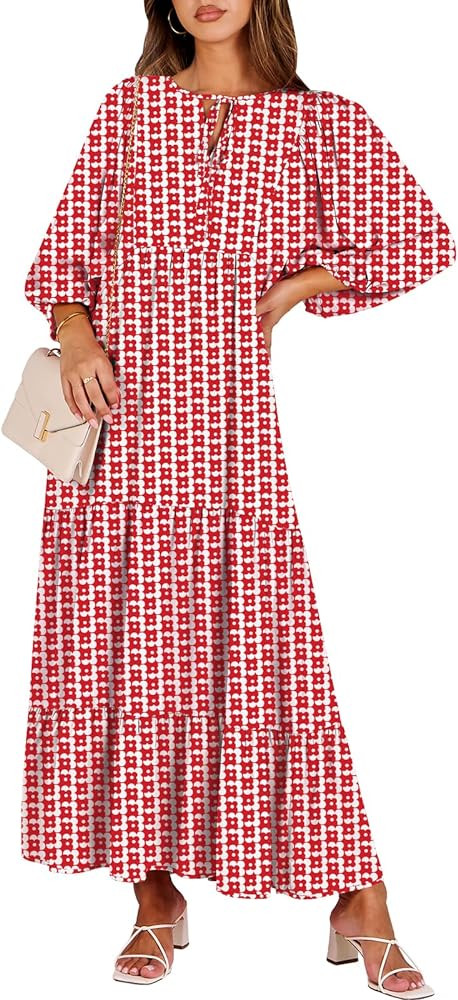 ANRABESS Womens Boho Maxi Dresses 2026 Summer V Neck Puff Sleeve Floral Flowy Swing Fall Casual L... | Amazon (US)