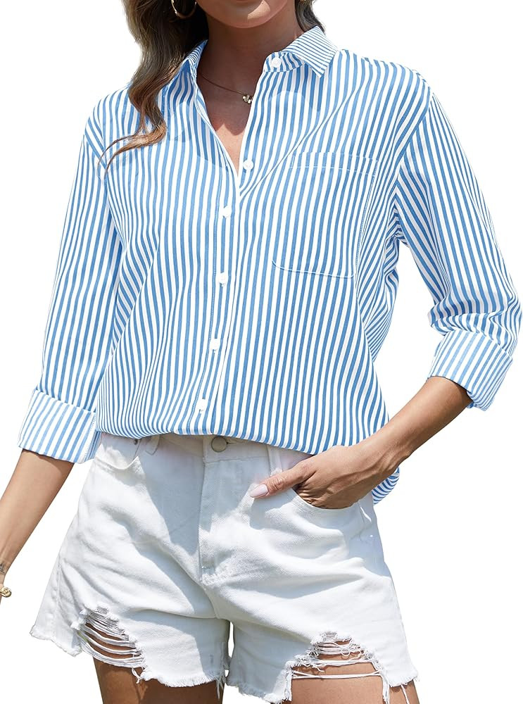CUNLIN Grade 4 Wrinkle-Resistant Women's Button Down Shirts Striped Long Sleeve Collared Blouses ... | Amazon (US)