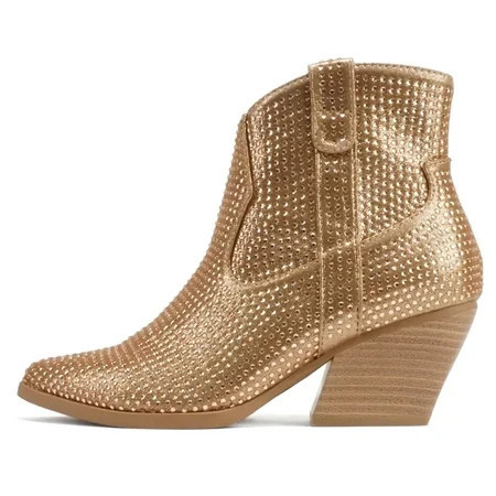 Soda Women Ankle Boots Pointed Toe Low Heel Rhinestone Bling Short Western Cowboy Booties Side Zipper BREW-S Rose Gold Bronze 5.5 | Walmart (US)