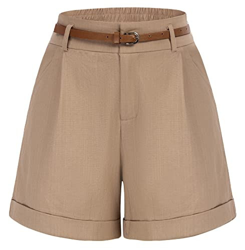 Belle Poque Women's Linen Shorts Khaki High Waist Shorts for Women with Pockets (Khaki, XL) | Amazon (US)