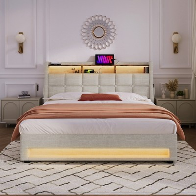 Queen Bed with Hydraulic Storage, LED, USB, Upholstered Headboard, No Box Spring, Easy Assembly,Natural | Target