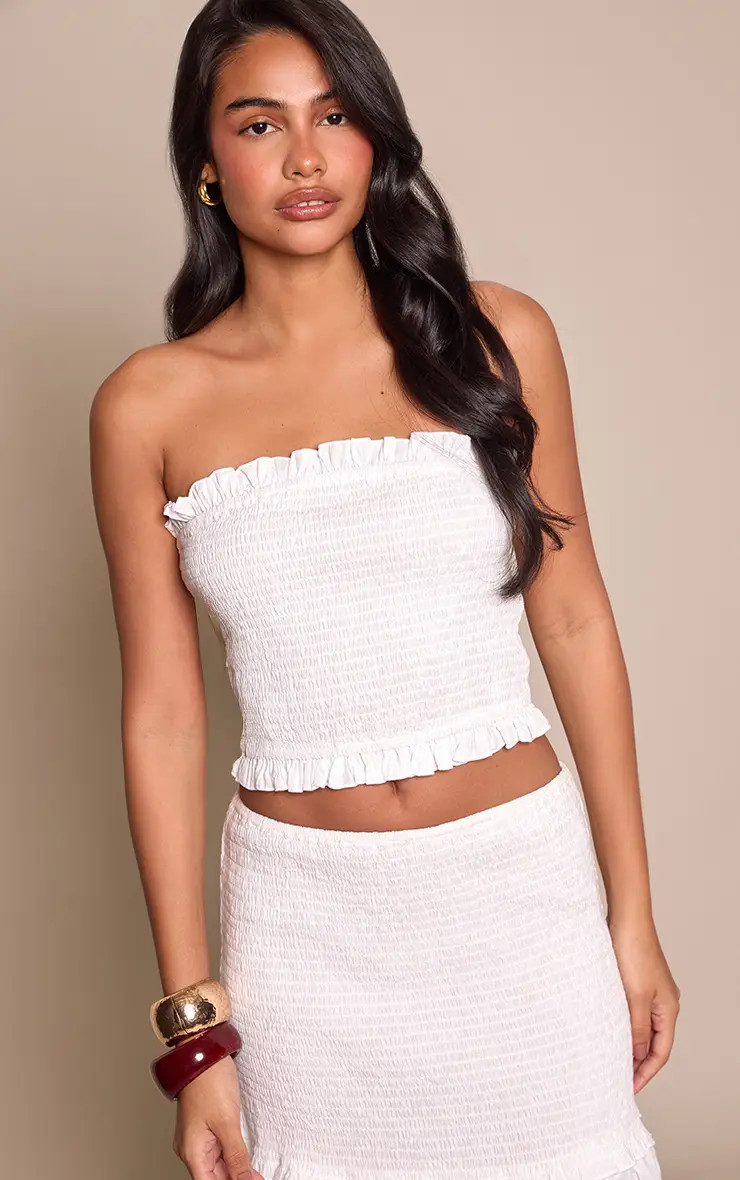 White Bandeau Frill Edge Shirred Top Co-ord | PrettyLittleThing UK