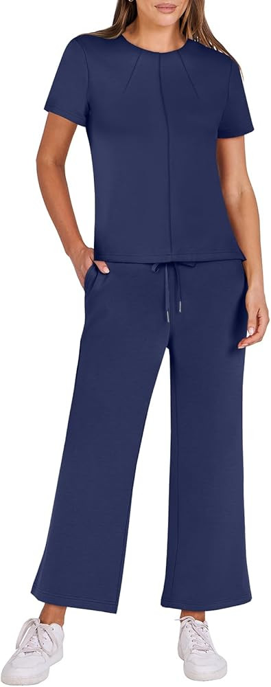ANRABESS Women's 2 piece Outfits Lounge Sets Summer Casual Short Sleeve Sweatsuits Wide Leg Pants... | Amazon (US)