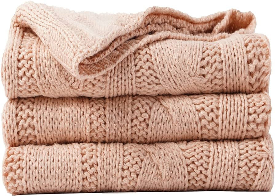 Battilo Blush Cable Knit Throw Blankets for Couch Bed Sofa, Acrylic Knitted Blanket, Soft Cozy Th... | Amazon (US)