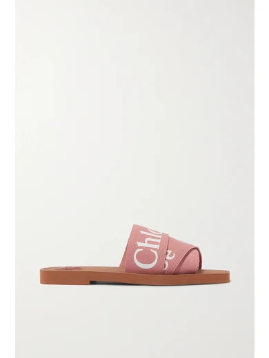 Chloé - Woody Logo-print Canvas Slides - Blush | NET-A-PORTER (US)