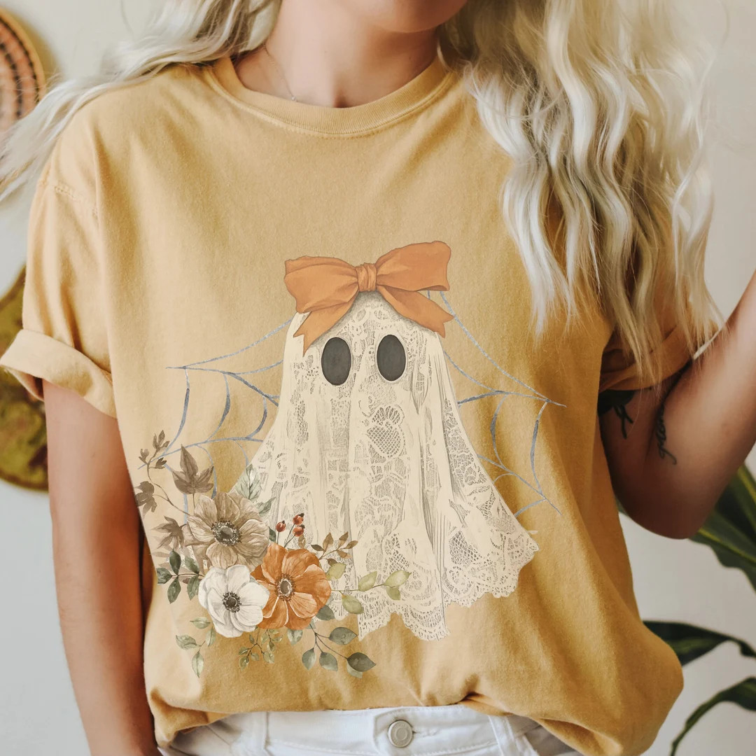 Halloween Lace Ghost T Shirt Spooky Coquette T-shirt Girly Ghost Orange Bow T Shirt Lacey Ghost T... | Etsy (US)