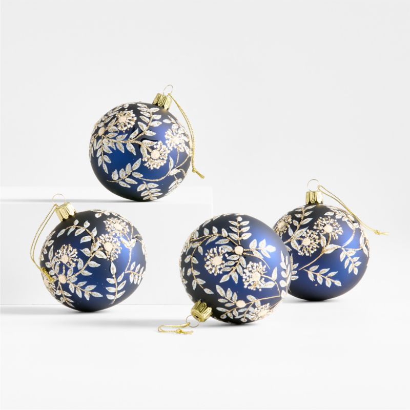 Blue and White Botanical Ball Christmas Tree Ornament, Set of 4 | Crate & Barrel | Crate & Barrel