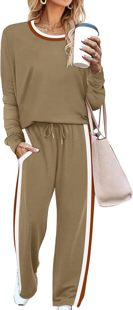 WIHOLL 2 Piece Lounge Sets for Women Long Sleeve Tops Wide Leg Sweatpants Sweatsuits with Pockets | Amazon (US)