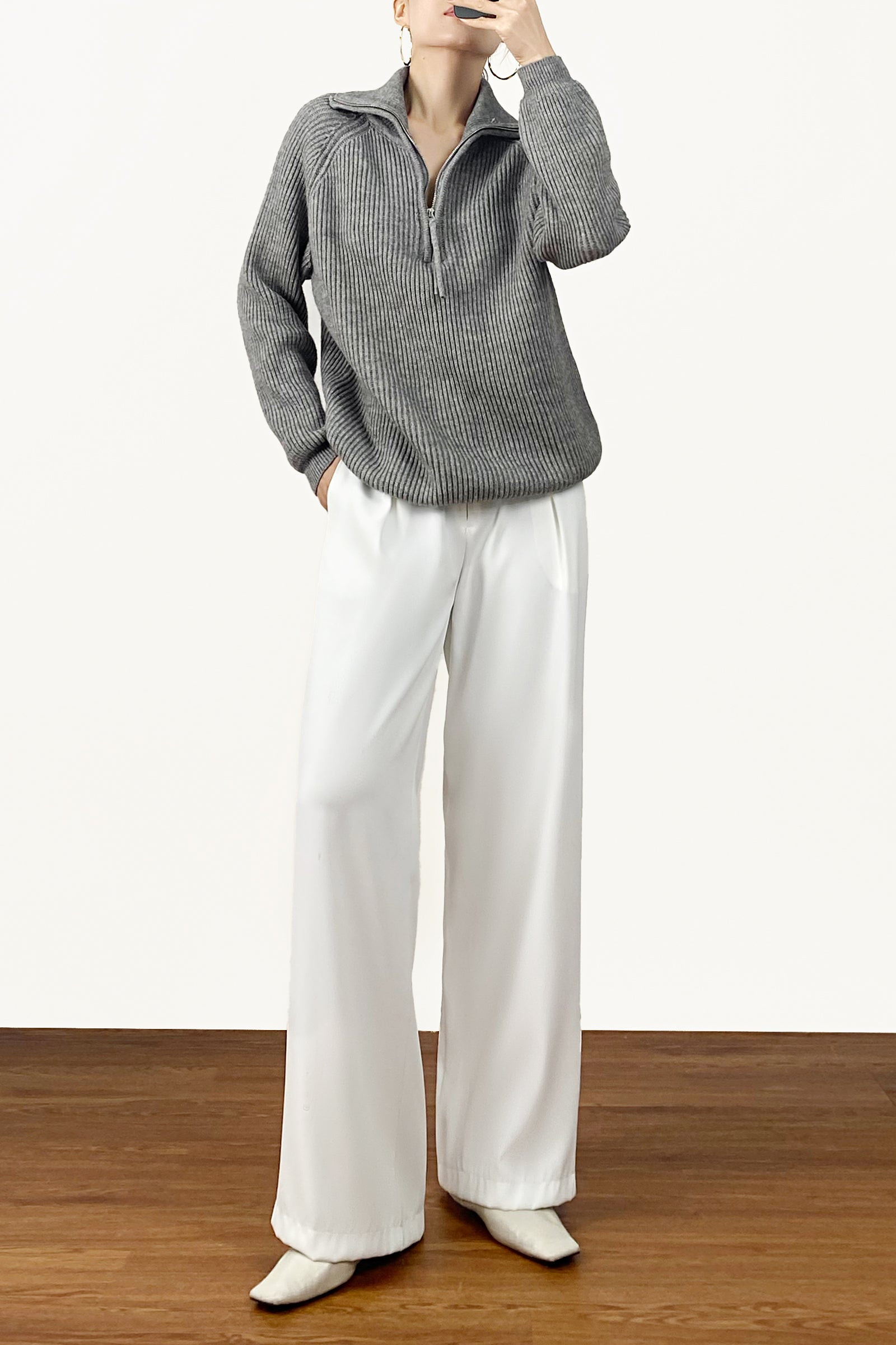 Grey Ribbed Knit Half-Zip Sweater | J.ING