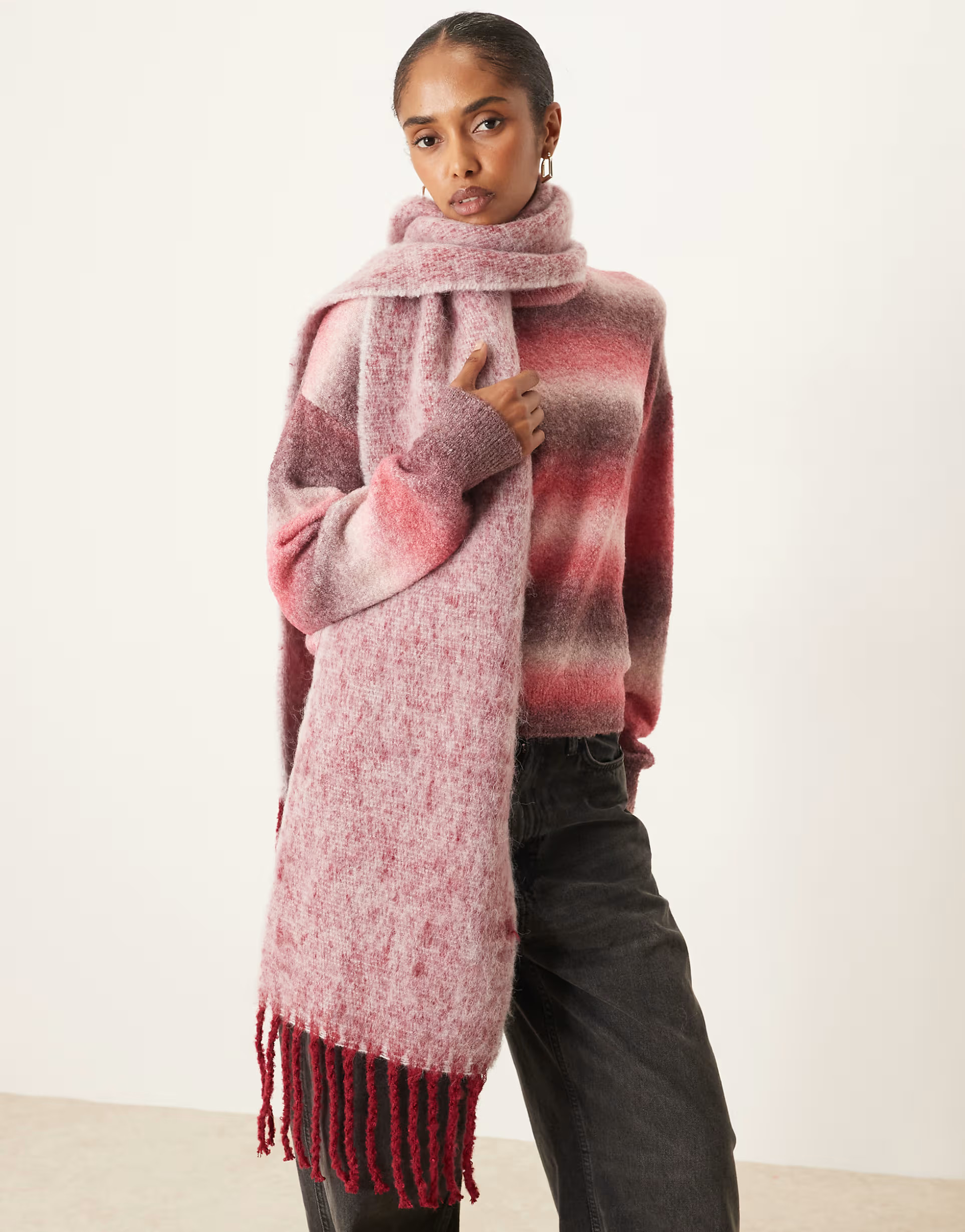 ASOS DESIGN woven fluffy tassel scarf in two tone red | ASOS (Global)