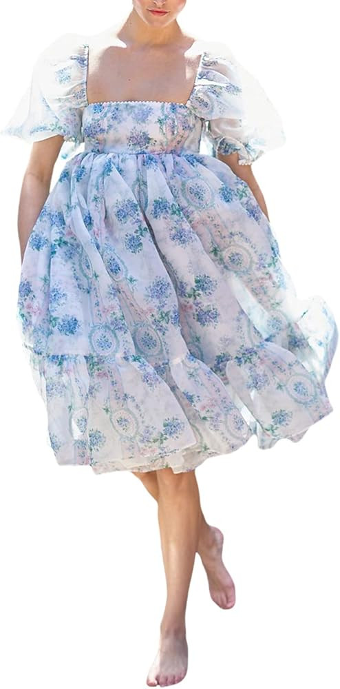 Women's Puff Sleeve Tulle Princess Dress Summer Square Neck Bubble Sleeve Ruffle Mesh Party Prom ... | Amazon (US)