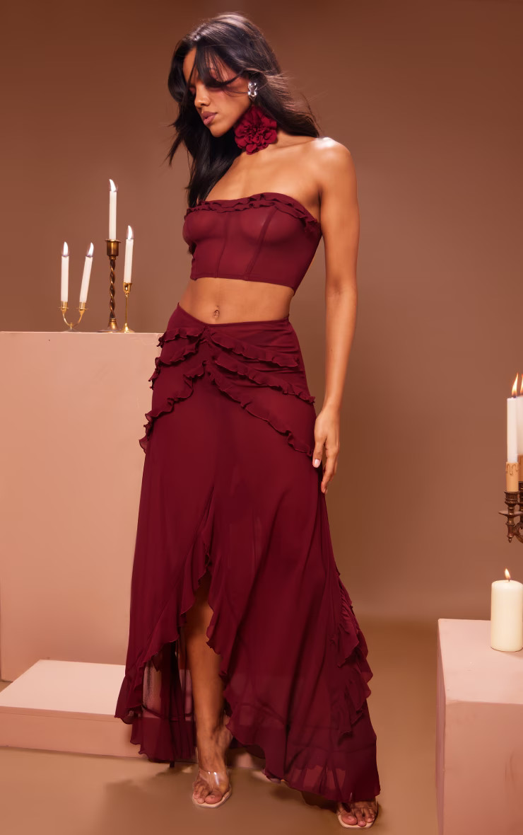 Cherry Red Chiffon Frill Maxi Skirt | PrettyLittleThing US