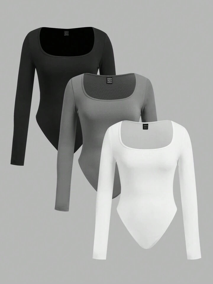 SHEIN EZwear 3pcs Set Women Scoop Neck Long Sleeve Tight Fitted Bodysuit | SHEIN
