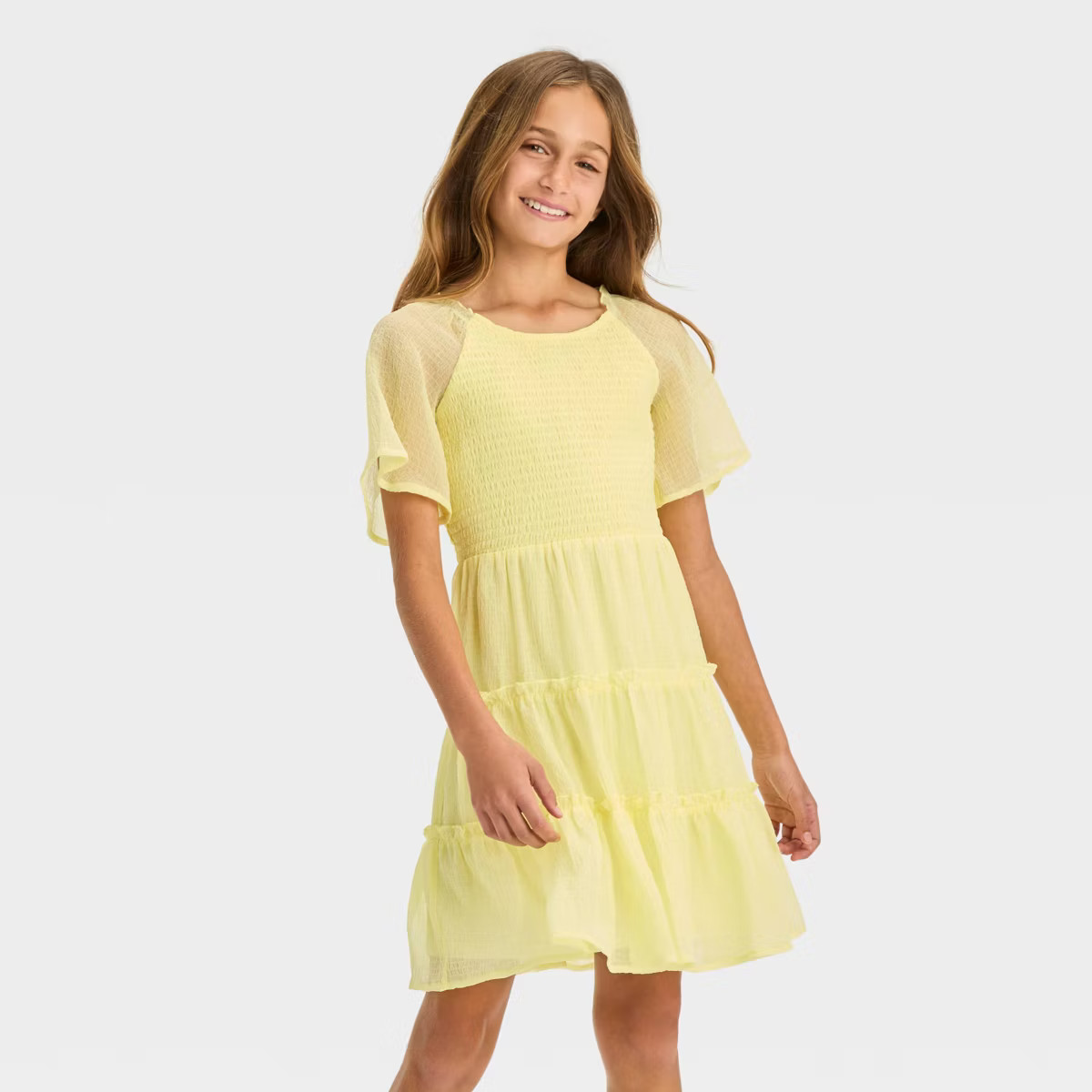 Girls' Smocked Bodice Flutter Sleeve Textured Dress - art class™ | Target