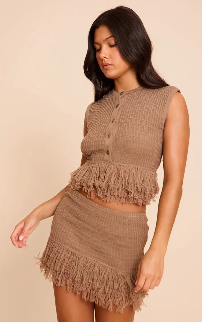 Mocha Rib Fringe Hem Knit Skirt | PrettyLittleThing US