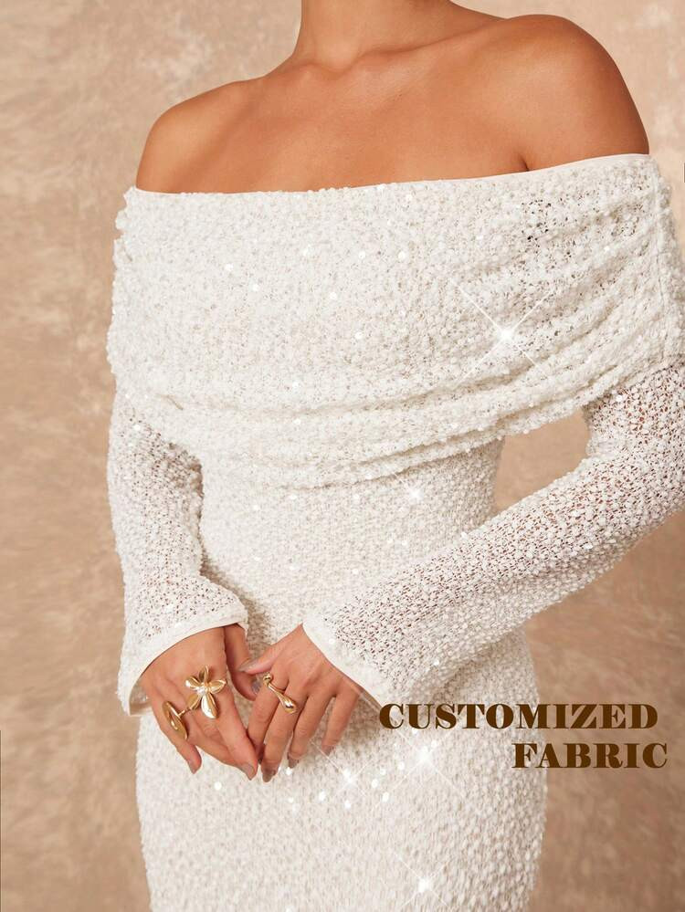 Lumalex Vestido Ajustado De Manga Larga Con Hombros Descubiertos Y Volantes En El Bajo Para Mujeres | SHEIN