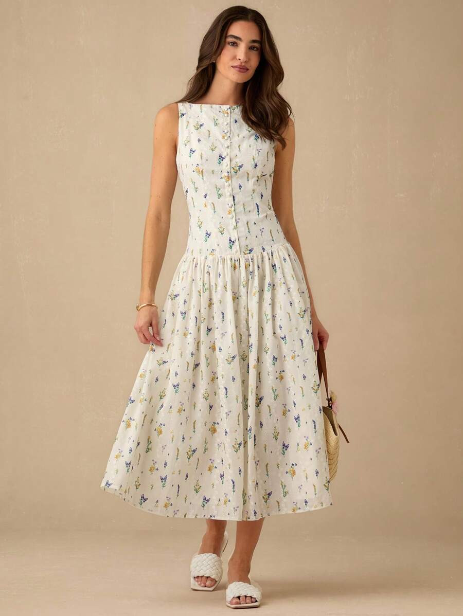 Enchnt Fall/Winter Romantic Women's Apricot Floral Print&Eyelet Hollow Embroidery Sleeveless Long... | SHEIN