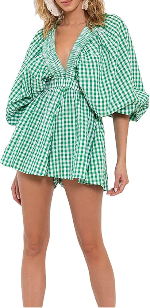 Amazon.com: Fiacafyo Womens Summer Plaid Boho Romper Deep v Neck Long Puff Sleeve Floral Playsuit Bubble Sleeve Wide Leg Short Jumpsuit (B-Green, M) : Clothing, Shoes & Jewelry | Amazon (US)