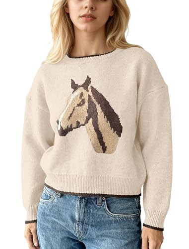 Ythomm Womens Crewneck Horse Graphic Sweaters Long Sleeve Knit Jumpers Casual Contrast Drop Shoulder Fall Pullover Sweater Beige | Amazon (US)