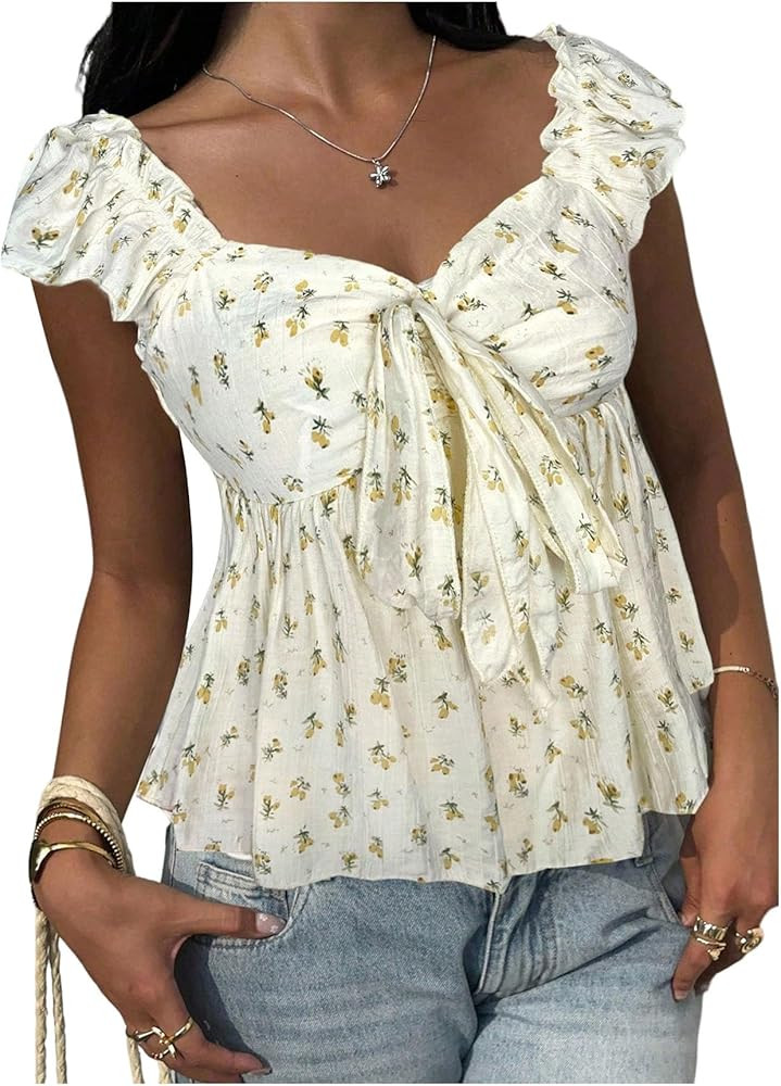 Features: Womens babydoll tops, floral print, ruffle hem, knot front, cap sleeve, adds a touch of... | Amazon (US)