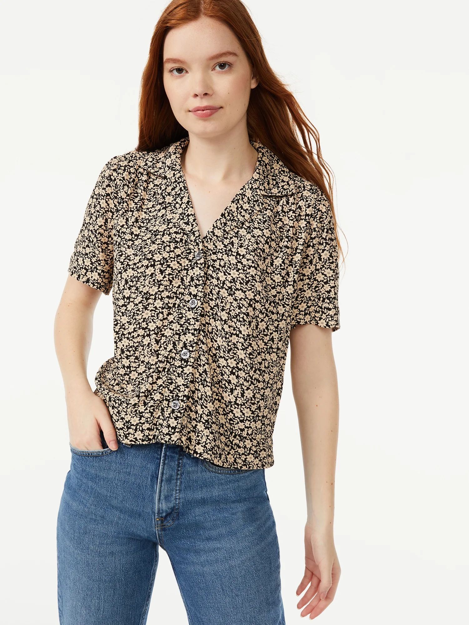 Free Assembly Women's Camp Shirt with Short Sleeves - Walmart.com | Walmart (US)