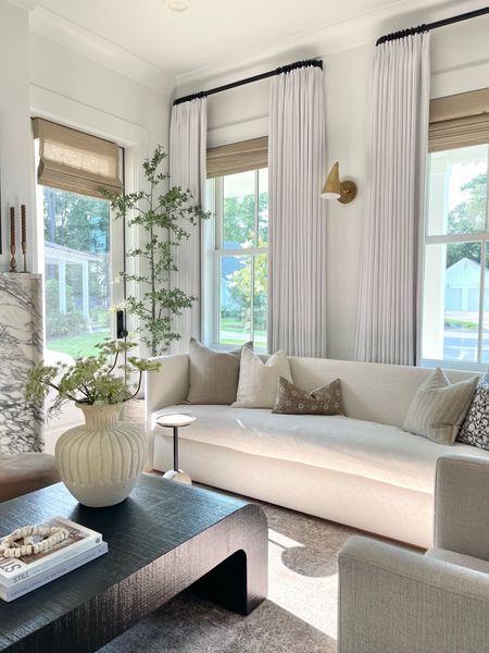Home decor, Living room decor, faux black olive tree, brass sconce, white linen curtains, two pages, white sofa, black coffee table, sofa pillows, couch pillows, Roman shades, living room rug, white vase, faux stems, coffee table decor 

#LTKFind #LTKstyletip #LTKhome