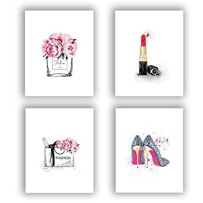 Fashion Women Art Print Set of 4 (10”X8”) Art Painting for Women Gifts,Canvas Painting Perfume Handb | Amazon (US)