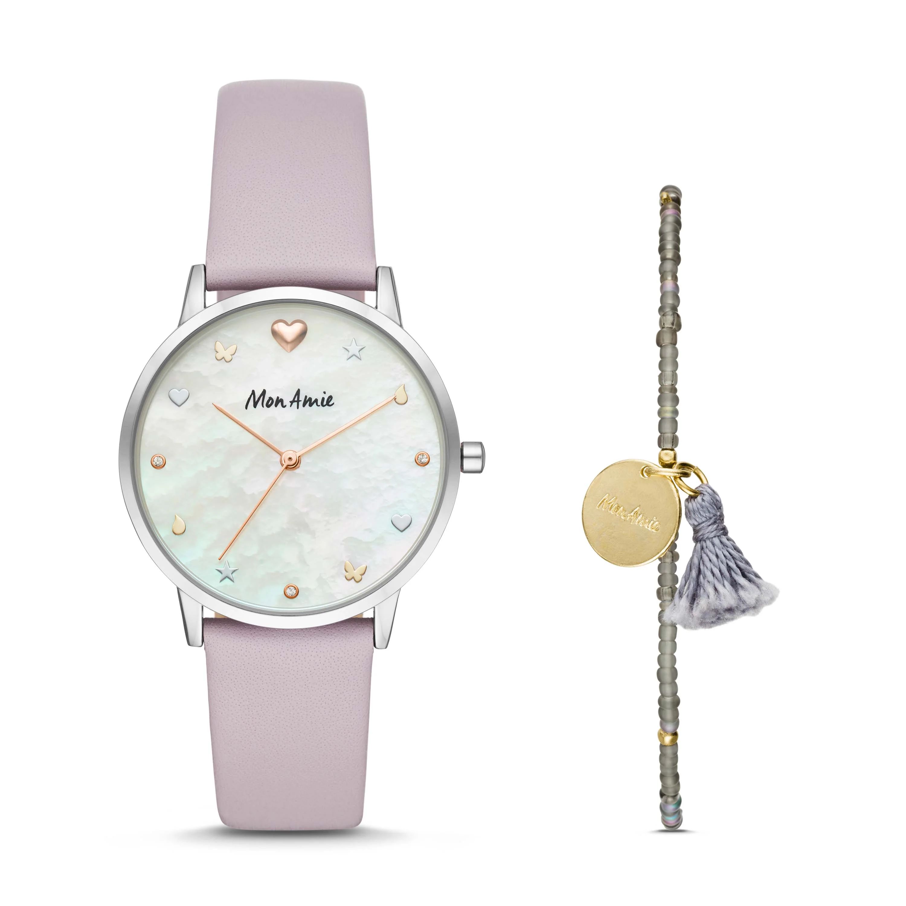 Mon Amie Iconic Health Lilac Leather Watch and Bracelet Set | Mon Amie Watches