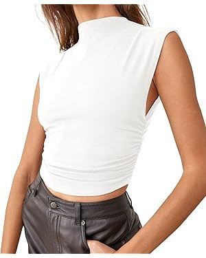 Lauweion Women Sleeveless Mock Neck Crop Top Side Ruched Slim Fit Asymmetrical Hem Solid Basic Hi... | Amazon (US)