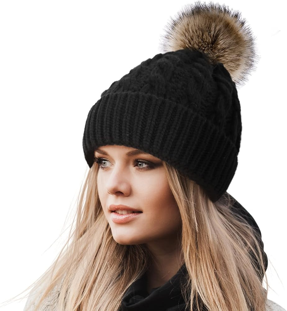 Livingston Beanies for Women Winter Soft Knit Beanie Hat with Faux Fur Pom Pom,Black at Amazon Wo... | Amazon (US)