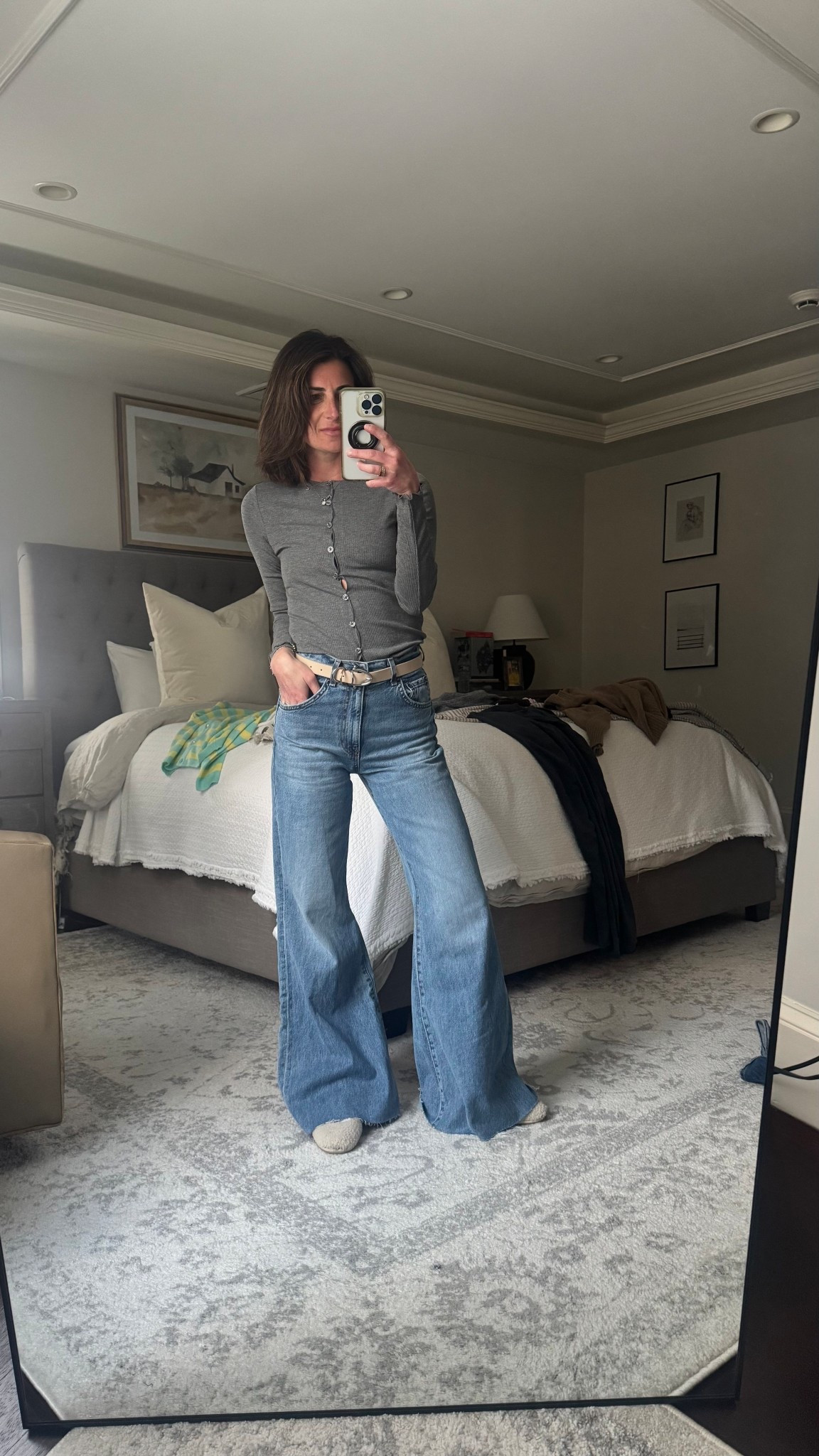 Ribbed button up cardigan brown belt flared baggy denim and Sherpa clogs 

#LTKmomlife #LTKSeasonal #LTKPetite