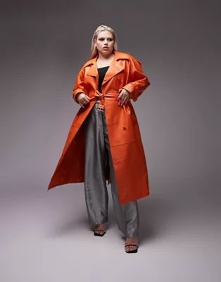 Topshop Curve long-line faux leather trench in orange | ASOS (Global)
