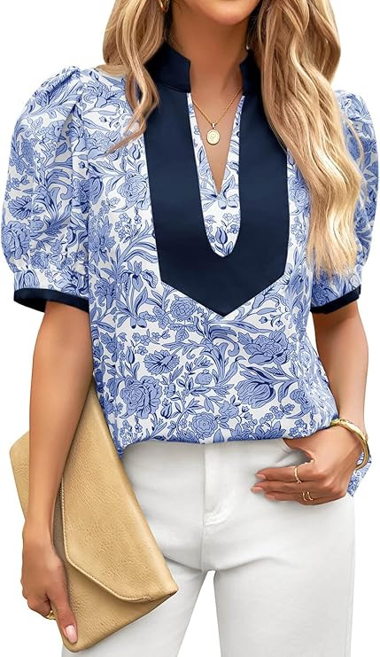 Cicy Bell Womens Floral Short Puff Sleeve Blouses V Neck Patchwork Boho Summer Tops Dressy Casual... | Amazon (US)