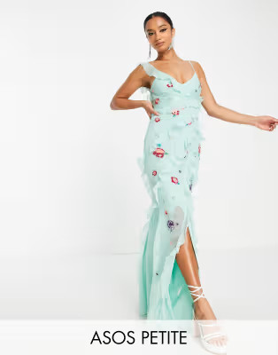 ASOS DESIGN Petite bias cut maxi dress with ruffle detail and floral embellishment | ASOS (Global)