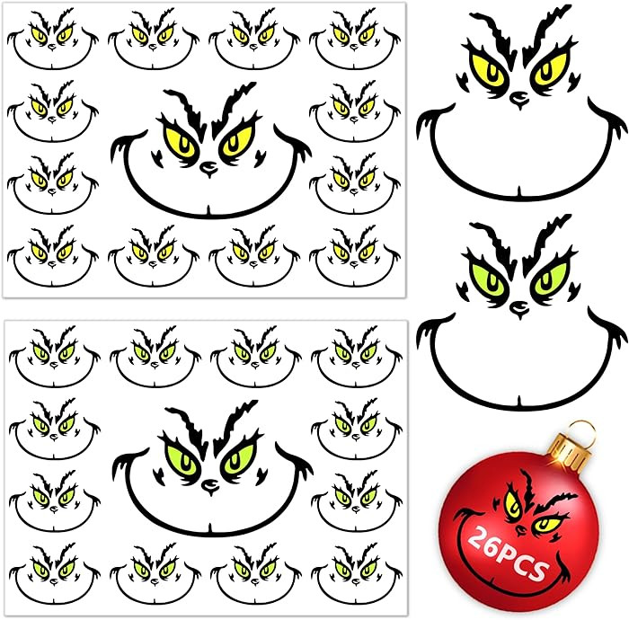 26 PCS Christmas Decorations Stickers, Yellow and Green Eyes Face Decals for Ornaments, Waterproo... | Amazon (US)