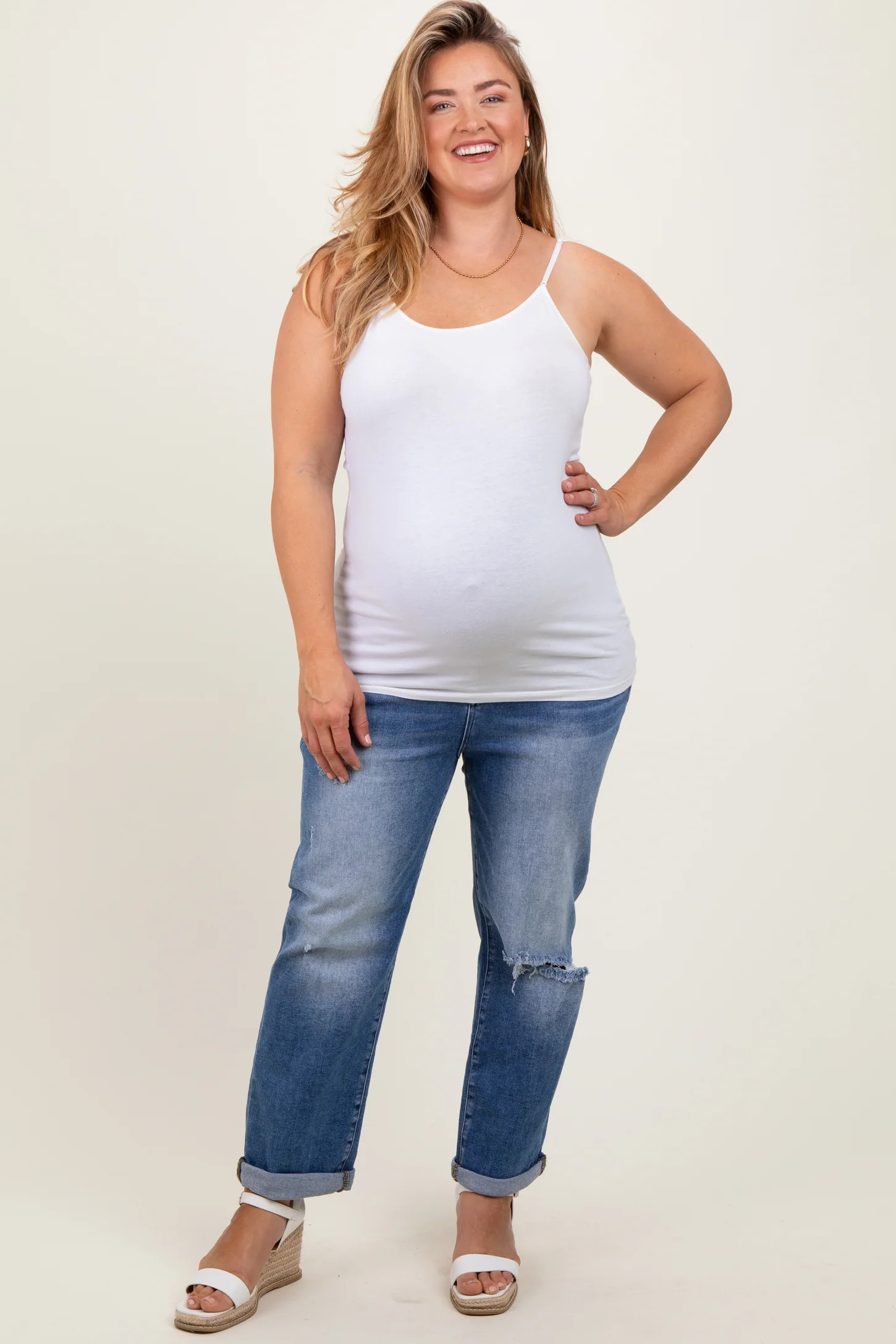 Navy Rolled Hem Distressed Straight Leg Maternity Plus Jeans | PinkBlush Maternity