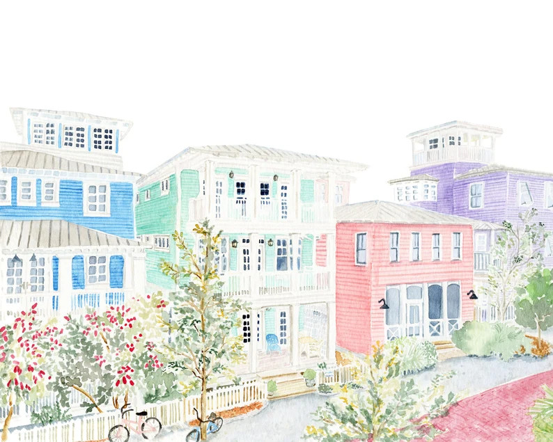 Seaside Neighbors Watercolor Art Print | Seaside Florida | Beach Art | 30A Florida | Scenic 30A |... | Etsy (US)